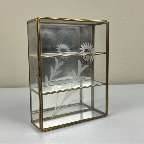 VTG Glass Display Case Brass Floral Edge Wall Hanging Shelf Mirror Material: g
